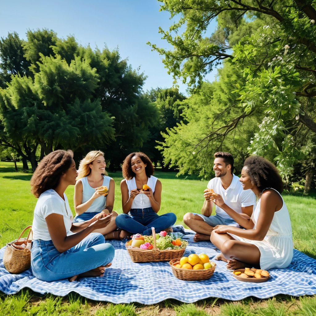 A serene outdoor scene featuring a diverse group of friends joyfully picnicking on a sunny day, surrounded by lush greenery and blooming flowers. Incorporate elements of carefree living, such as homemade food, laughter, and games, bringing a sense of unrestrained joy. Add a backdrop of a clear blue sky and birds frolicking. Capture the spirit of bliss and abundance on a budget. vibrant colors. super-realistic.