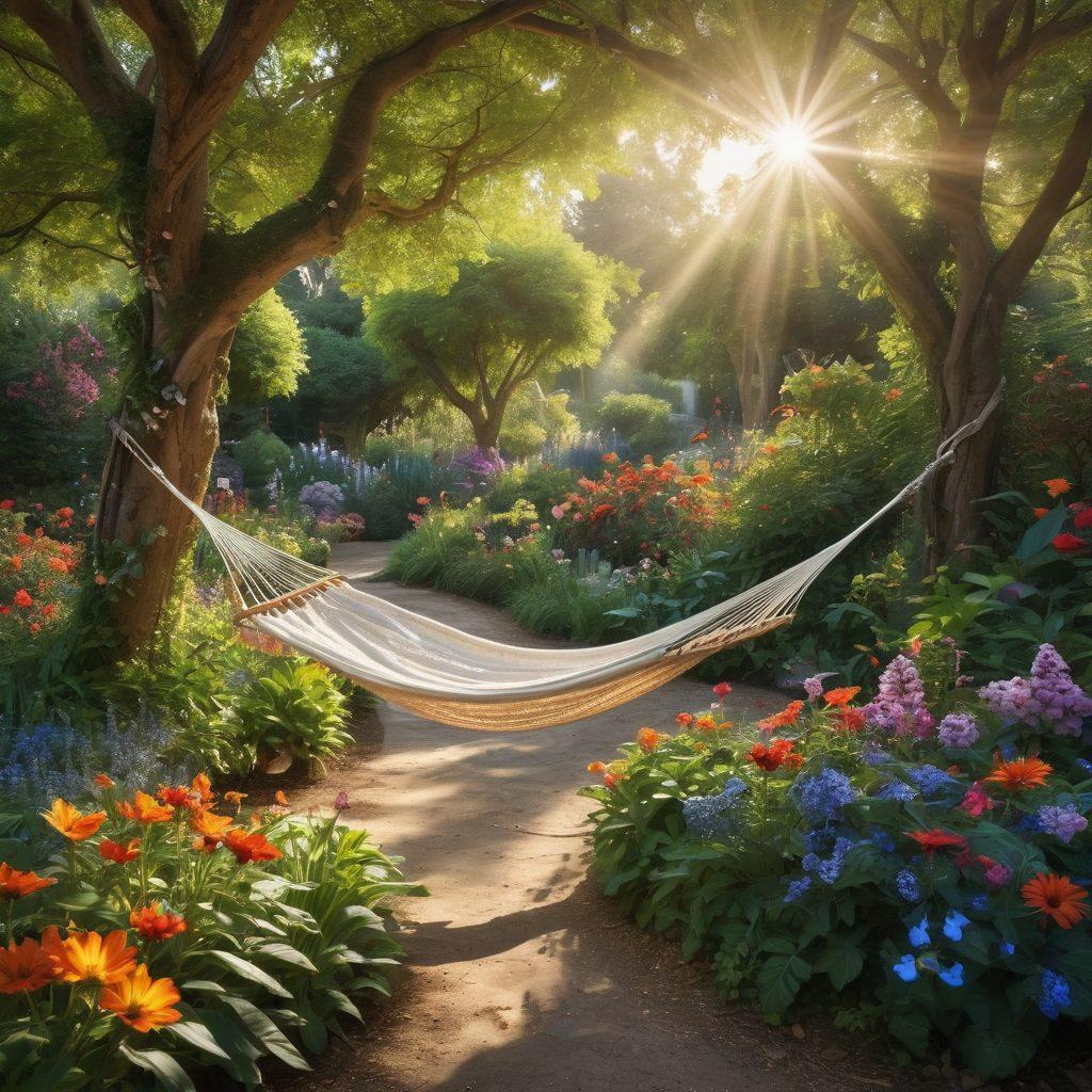 A serene landscape depicting a lush garden filled with vibrant flowers and butterflies, symbolizing joy and fulfillment. In the foreground, a hammock sways gently between two trees, inviting viewers to relax and escape. Sunlight beams through the leaves, creating a warm and inviting atmosphere. A whimsical path winds through the garden, hinting at discovery and exploration in terms of complimentary content. Magical realism. vibrant colors. soft focus.