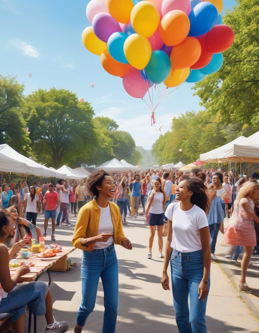 A vibrant scene depicting diverse individuals joyfully engaging in free activities, like a community picnic, street performers, and people enjoying the outdoors. Focus on expressions of happiness and connection, surrounded by colorful balloons and nature. The background should reflect an uplifting landscape with bright blue skies. super-realistic. vibrant colors. white background.